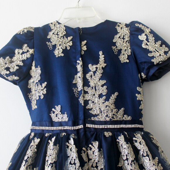Chasing Fireflies Dark Blue Gold Embroidered Metallic Knee-Length Gown Dress 16 - Picture 7 of 10
